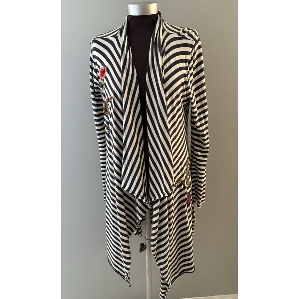 Caite Open Front Cardigan Duster L Blue Stripe Floral Embroidery Asymmetrical